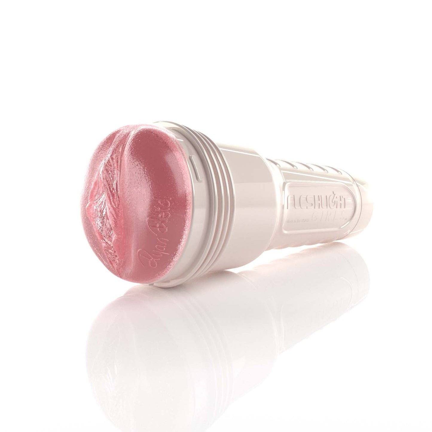 Angled shot of Ryan Reid's Pink translucent sex toy in pearl case.