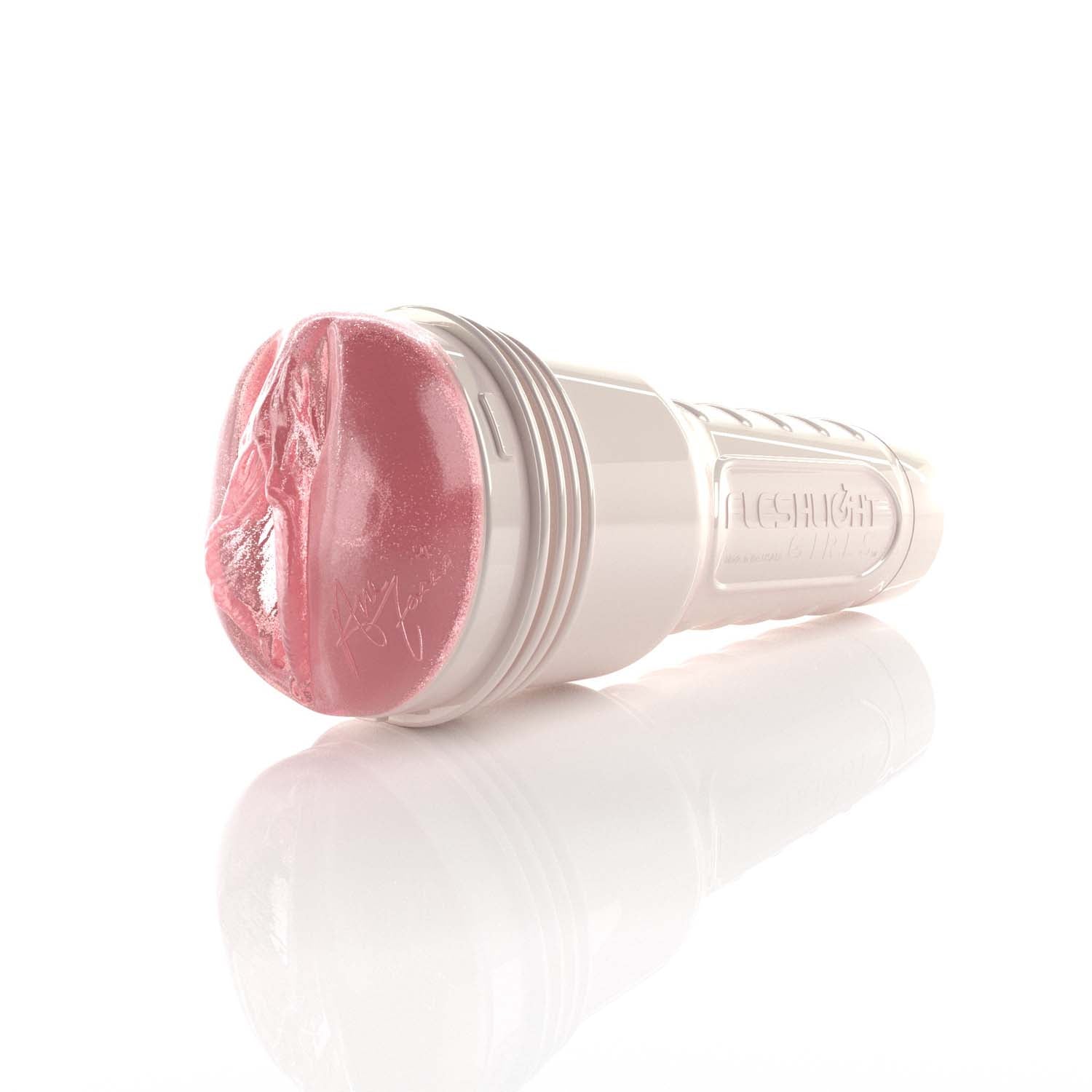 Angled shot of Ana Foxxx Pink translucent sex toy in pearl case.